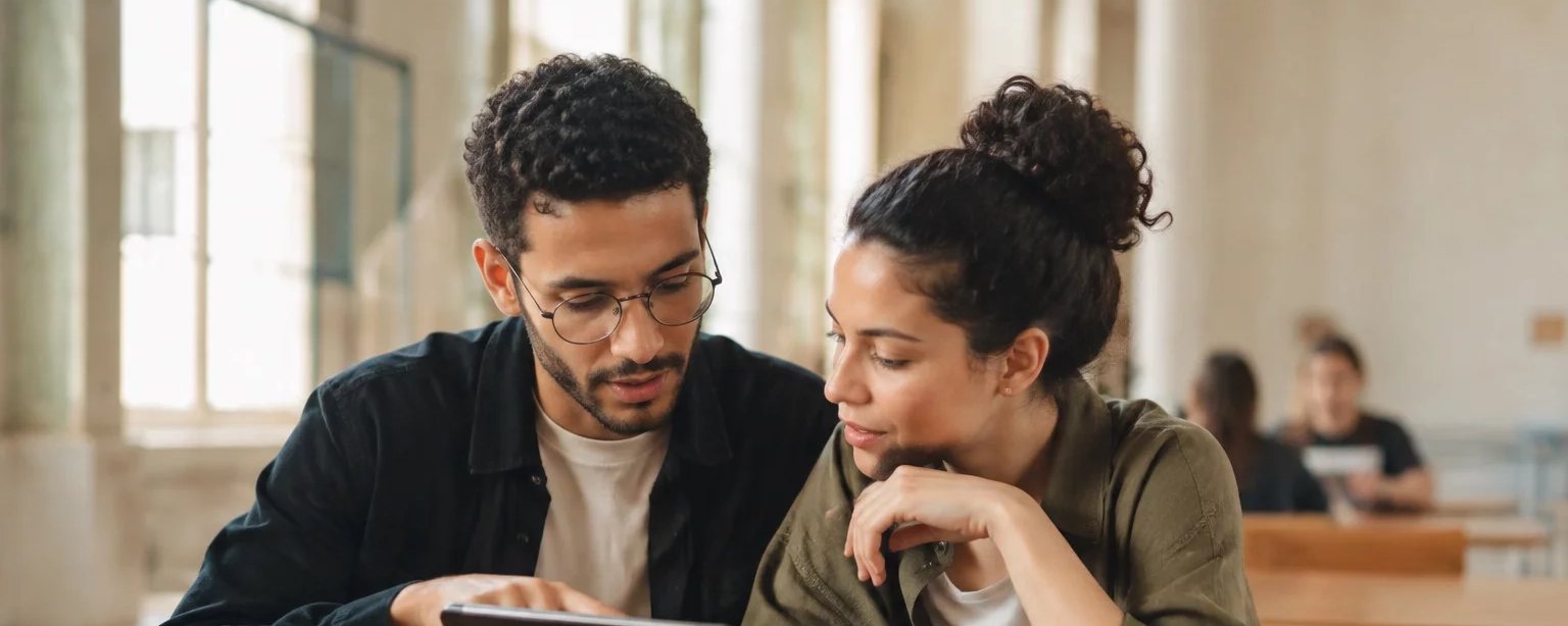 Duas pessoas lendo páginas impressas juntas sobre a mesa