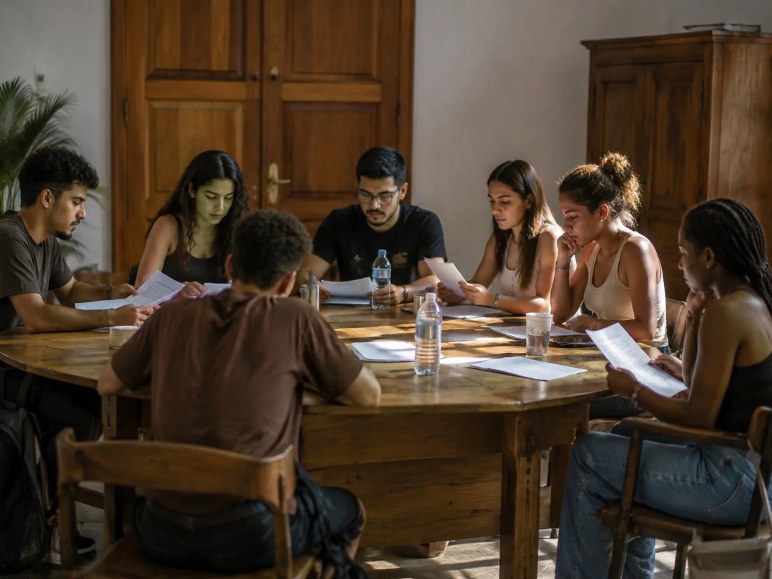Profissionais numa sala de reunião clara, uma pessoa explicando algo